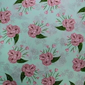 Oxford Estampado -Rosas Com Detalhes Fundo Verde Água (1,50 Larg) 100% Poliéster.